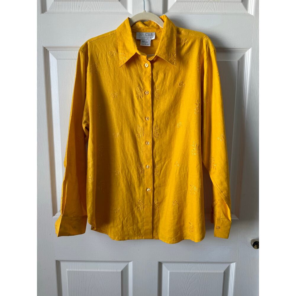 Silk Club Vintage Yellow Linen Embroidered Button Shirt Size L Cottagecore